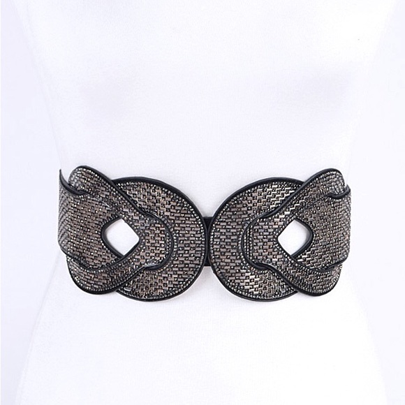 Plus Size Hematite Rhinestone Corset Waist Statement Belt - Picture 3 of 5